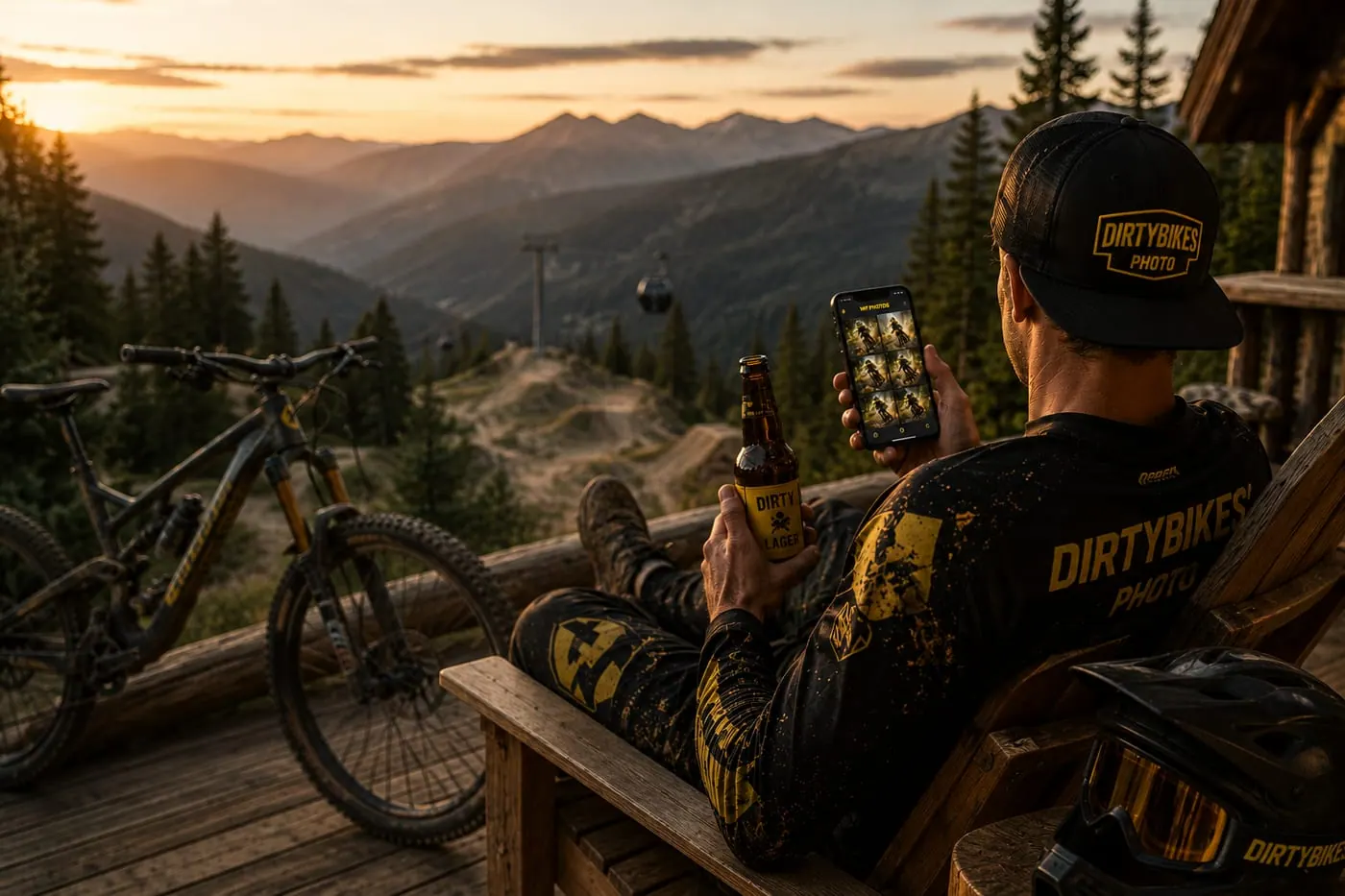 A rider in a Dirty Bikes Photo cap and jersey relaxing at sunset, browsing the day's photos on his phone — Mottolino Bikepark, Livigno